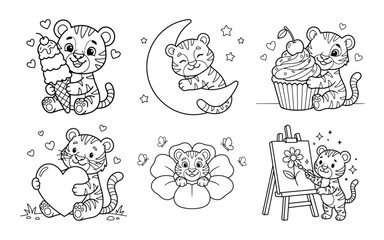 A collection of cute teddy bear illustrations for coloring pages featuring various activities and sweet poses © MSTTANZURSULTANA