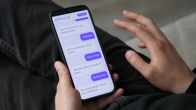 User customizing their daily meditation practice by selecting a 15 Minutes duration. The AI interface adapts to their schedule. Ideal for personalized wellness, time management apps, and mindfulness