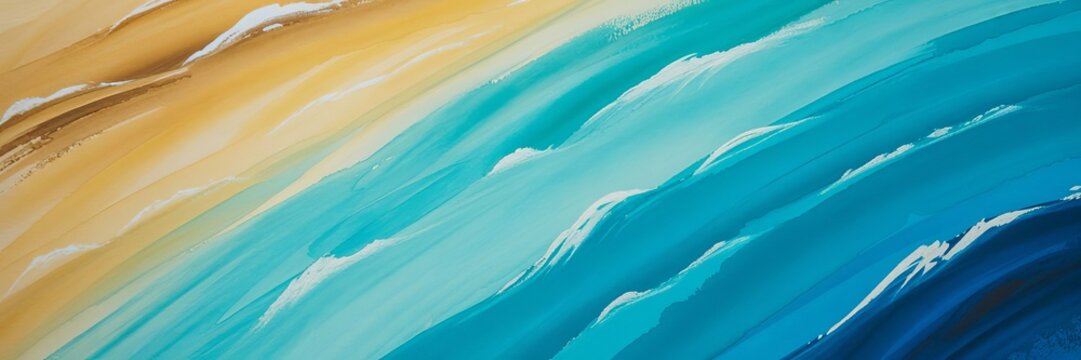 Abstract painting of ocean waves with swirling textures of sandy beige, turquoise, and deep blue colors blending together in a fluid movement