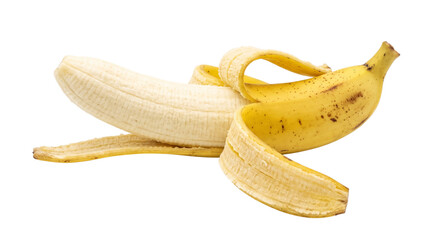 Peeled ripe banana fruit isolated on transparent background for healthy snack recipes or tropical food photography themes showing delicious creamy yellow texture and skin © ATIQULISLAM