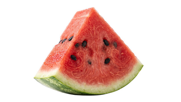 Single slice of fresh watermelon isolated on transparent background featuring vibrant red fruit texture black seeds and green rind for summer healthy diet food concepts