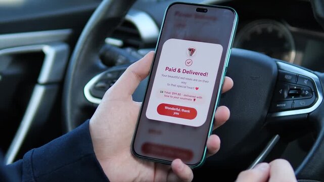 Smartphone screen showing a flower delivery app with crimson roses. Interface displays bouquet details, price, quantity selector, and payment button. Captures the journey from ordering to delivery