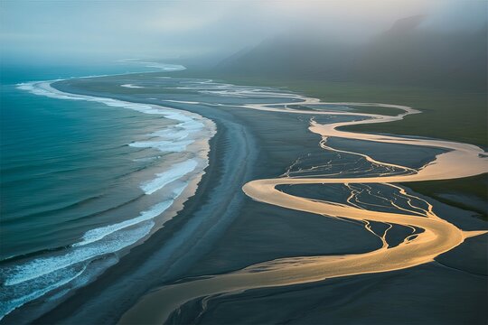 Aerial view of a winding river flowing through a dark volcanic sand beach into the ocean under a misty and foggy sky in iceland landscape