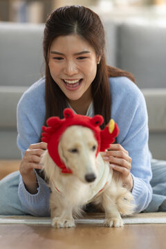 Happy young woman dressing her adorable dachshund dog in a cute crab costume at home. Fun pet lifestyle, playful companionship, joyful moments, animal fashion, indoor bonding, copy space.