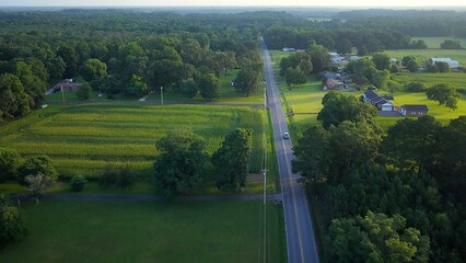 Early morning in Tennessee countryside with country road and homes in rural America beside green pastures and farmland © Steve Tanner Stock