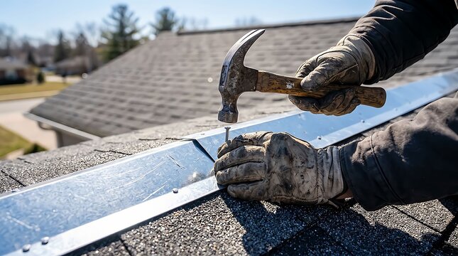 Roofer installing metal valley flashing on asphalt shingle roof using hammer and nail construction building repair exterior work.