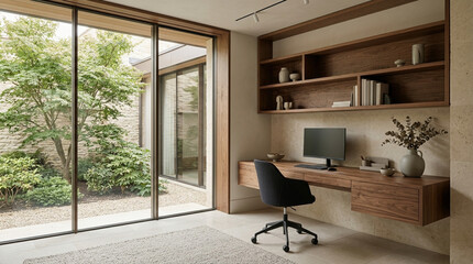 Obraz premium Modern Home Office with Desk, Computer, and Green Courtyard View