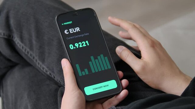 Person reviews foreign exchange data and euro performance on a mobile app, capturing fintech growth, cross-border payments and currency risk.