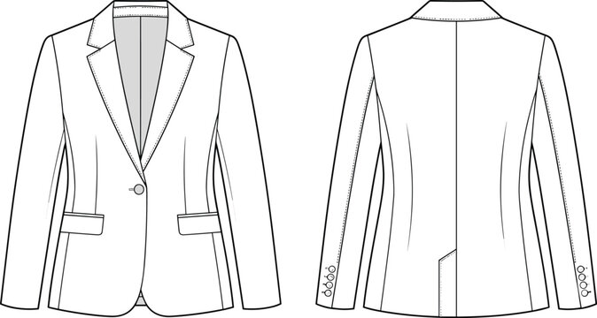 Single button tailored blazer flat sketch technical drawing vector template with notch lapels front and back view