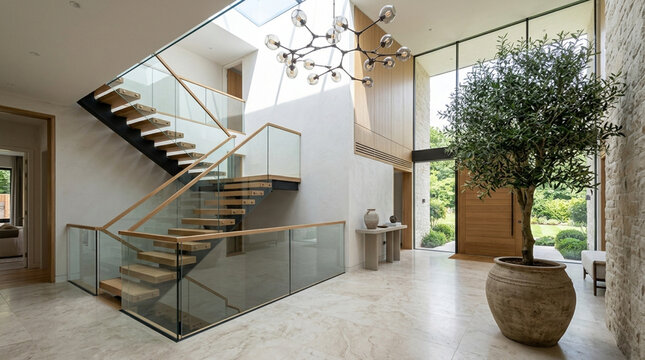 Modern luxury home interior, glass staircase, atrium, natural light, olive tree