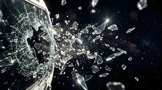 Close up of glass shattering with sharp shards flying against a dark background shattered explosion breaking fragments destruction