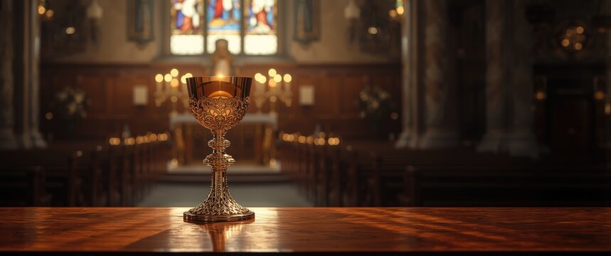 Golden Chalice on a Wooden Altar in a Dimly Lit Church Interior