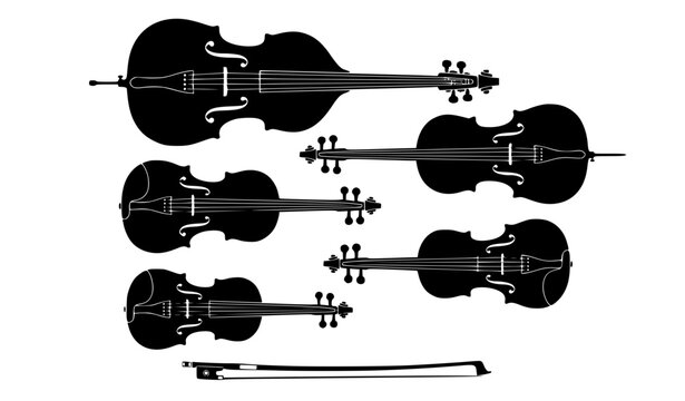 String Instrument Silhouette Vector Set with Violin Viola Cello Upright Bass and Bow Black White Illustration