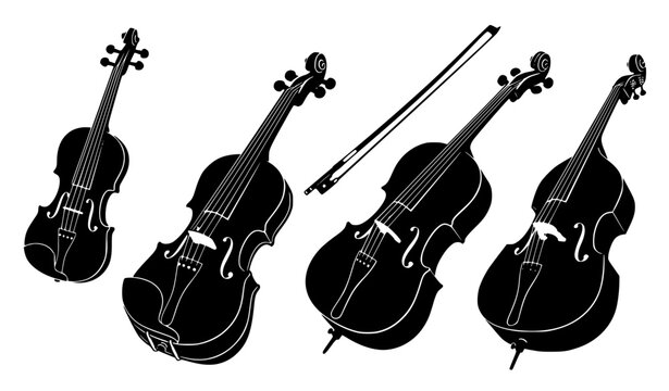 Classical String Instruments Silhouette Collection Black White Detailed Vector Illustration