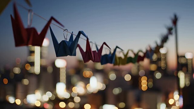 Colorful origami cranes hanging on string at dusk.