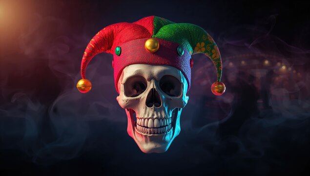 Skull Wearing Colorful Jester Hat with Smoke Background and Dramatic Lighting