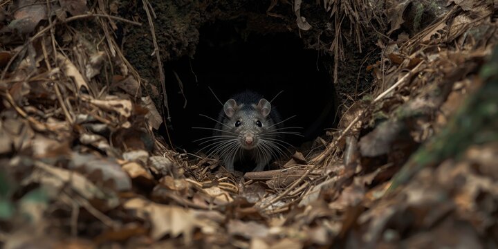 Curious Rat Emerging from a Burrow Surrounded by Autumn Leaves