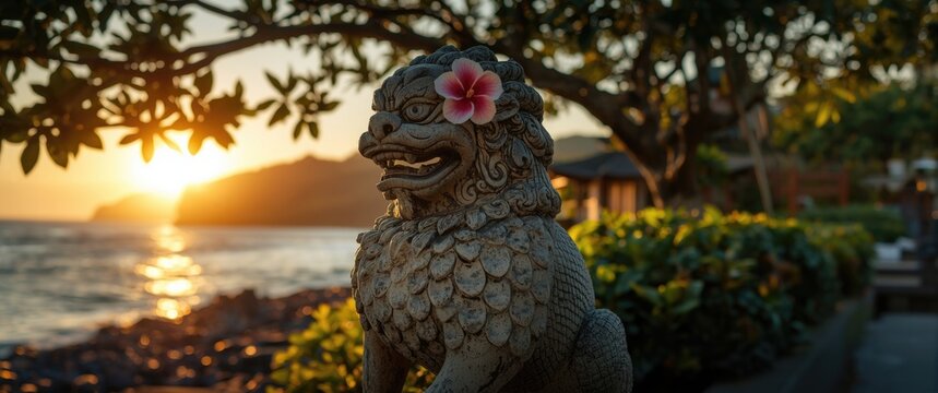 Lion Statue with Pink Flower at Sunset by the Ocean