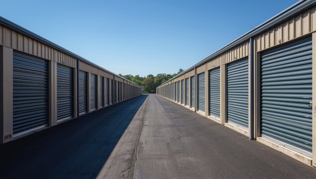 Storage Unit Alley with Open Doors and Clear Blue Sky