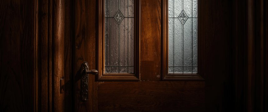 Wooden Door with Stained Glass Windows in Dim Light Setting