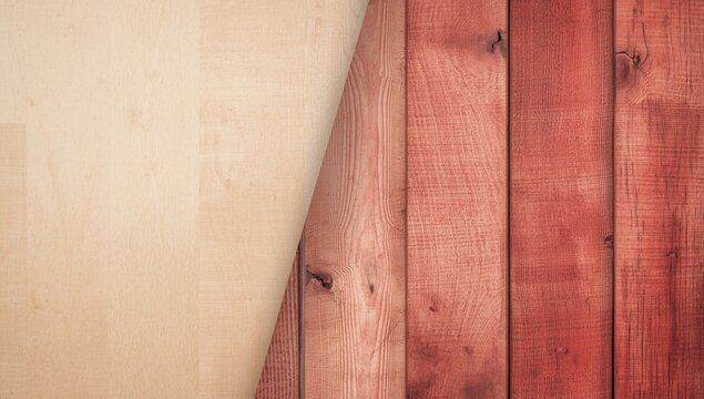 Peeling Wallpaper Exposing Textured Wooden Planks in Warm Tones
