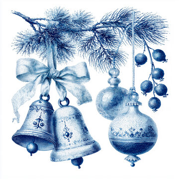 Classic Christmas Botanical Engraving in Blue Line Art with Bells and Vintage Ornaments