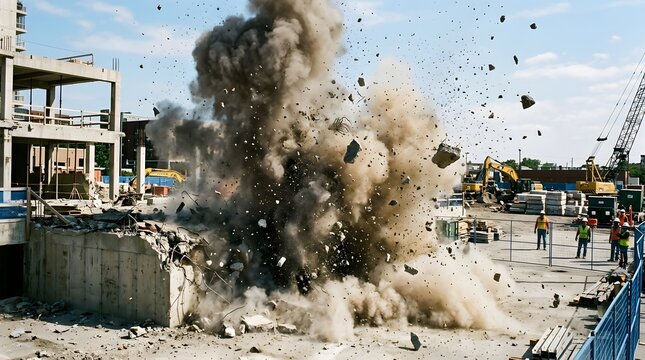 Controlled demolition of concrete structure at construction site with smoke and debris demolition construction concrete explosion