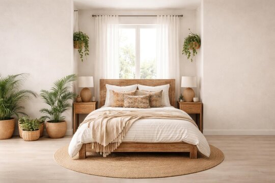 Cozy Bedroom Interior with Natural Decor and Sunlight Streaming Through Windows
