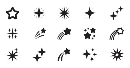 Set of different star and sparkle shapes with shooting stars isolated on transparent background layer. © Suraiyajannat