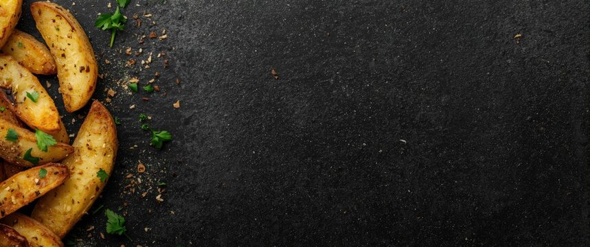 Crispy Golden Potato Wedges on Dark Slate Background with Herbs