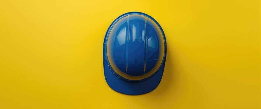 Overhead shot of a cobalt protective hard hat resting on a bright colored background