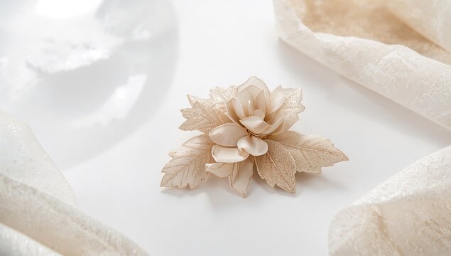 Silk Flower Brooch on a Light Fabric Background with Elegant Textures