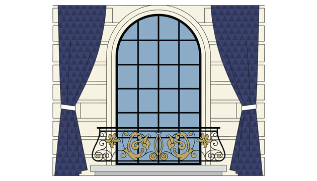 Classic architectural facade showing a large arched window with elegant blue curtains and a decorative golden balcony.