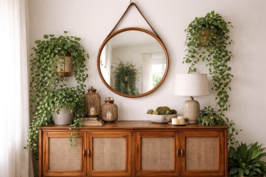 Rustic Sideboard Decorated with Plants - Cozy Living Room Setting, Natural Light