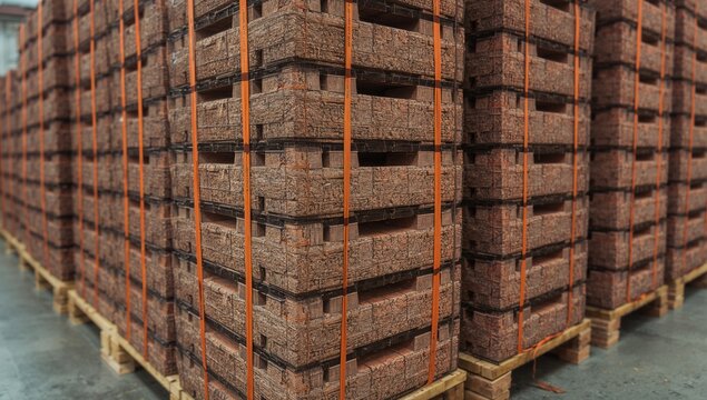 Stacked Wooden Pallets of Compressed Wood Bricks in a Warehouse Environment