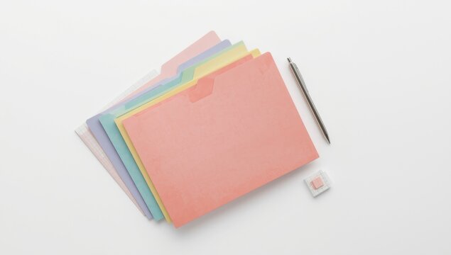 Colorful Folders Stacked with a Pen and a Sticky Note on White Background