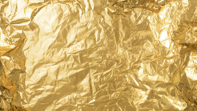 Crinkled Gold Foil Texture Background in Bright Light