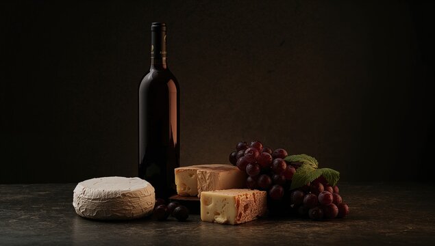 Wine Bottle with Cheese and Grapes on a Dark Surface