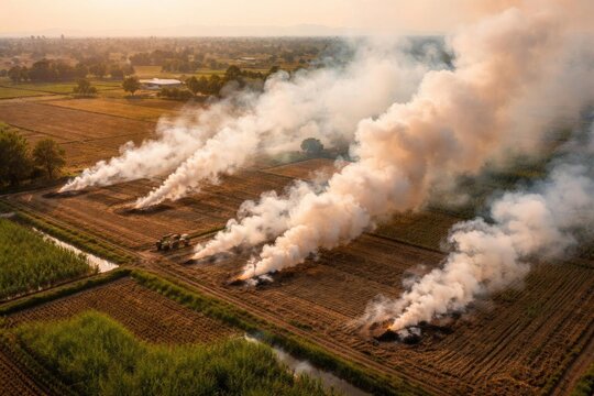 Smoke Rising from Agricultural Fields During Harvest Season at Sunset