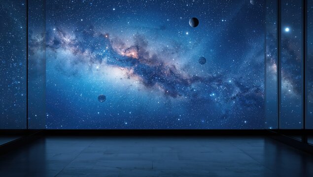 Cosmic Galaxy View with Nebula and Planets in a Dark Room