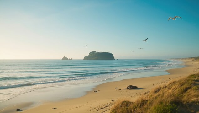 Sunlit golden beach with smooth blue waves rolling to a small island and seagulls flying in a clear sky