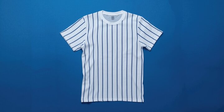 White Striped T-Shirt Flat Lay on Blue Background