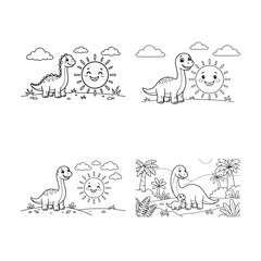 Dinosaurs smiling sun and tropical plants vector illustration on white background © MDJION