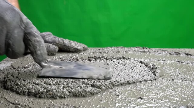 Close up view of a professional metal concrete trowel smoothing wet gray cement over a vibrant chroma key green screen background