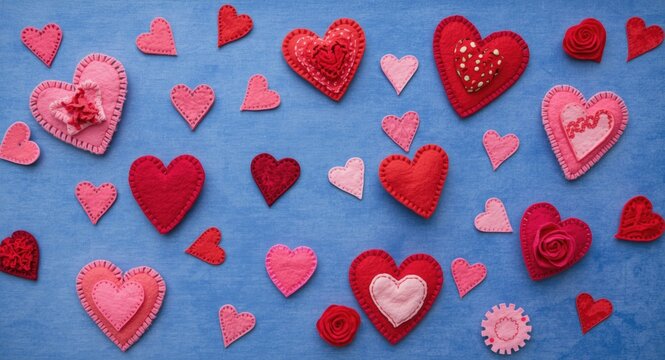 Colorful Felt Hearts Arranged on a Blue Background for Valentine's Day Decor
