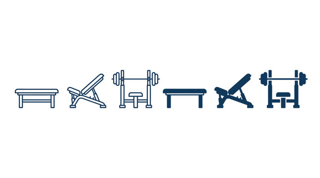 Gym equipment icon set showing workout benches and barbell racks in black and outline minimalist style
