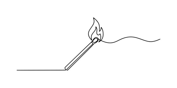 Continuous single line drawing of a burning wooden matchstick with fire flame