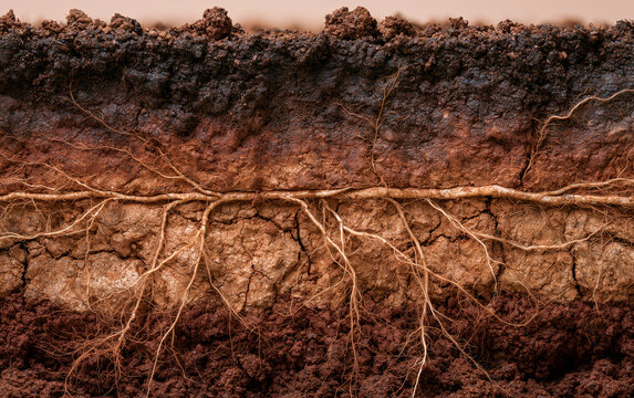 Close-up cross-section of rich brown soil revealing a network of plant roots developing underground