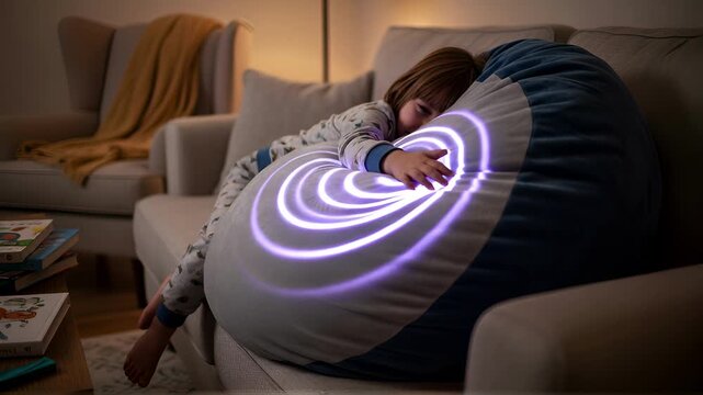 A slow camera pan and slight push-in shot focusing on a child resting on a sofa with an interactive AI emotional support plush pillow. The soft grey and blue fabric of the pillow features luminous con