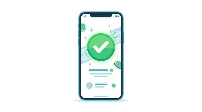 Mobile phone screen displays a large green checkmark symbol indicating success or completion of a task